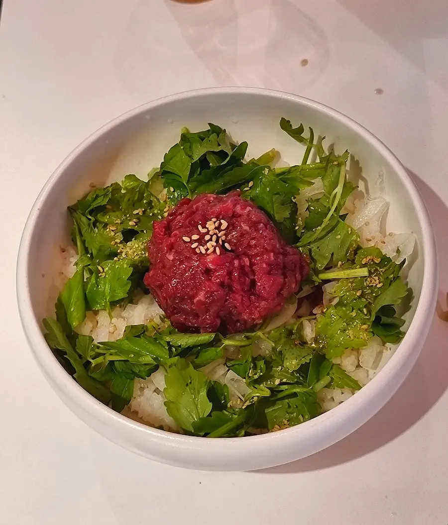Bowl of hanwoo yukhoe bibimbap at Taegyeongok