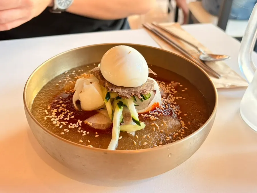 Table setting of the cool Hamheung mul-bibim naengmyeon