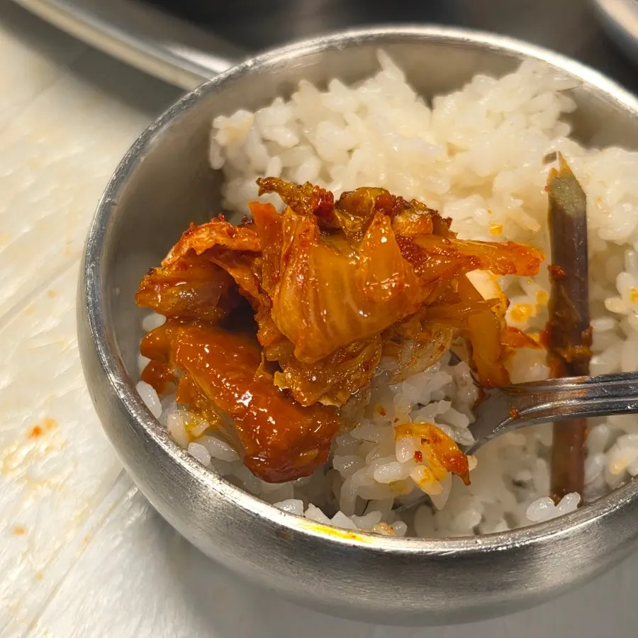 Crisply grilled 4mm frozen pork belly with grilled kimchi