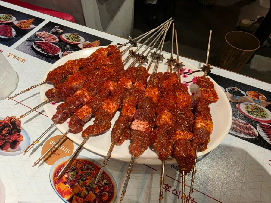 Lamb skewers placed on the charcoal grill