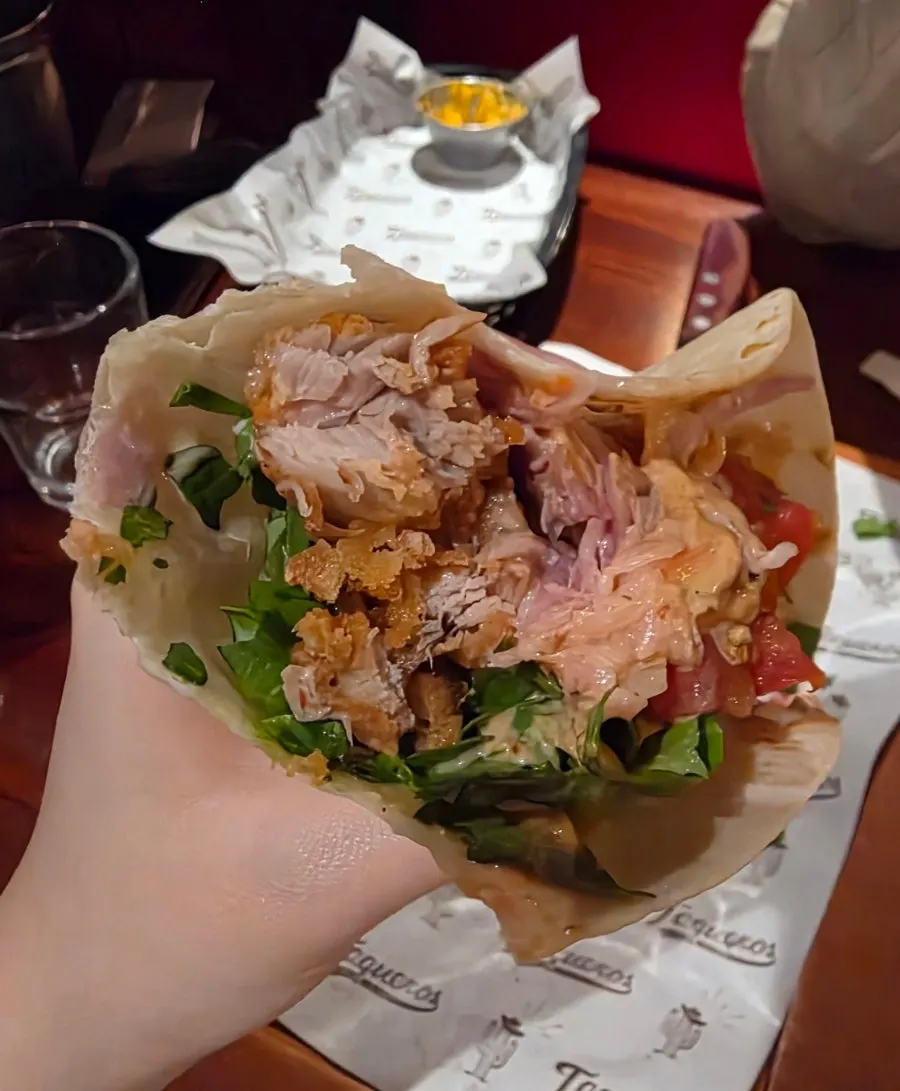 Cross-section of the chicken taco with vegetables and sauce