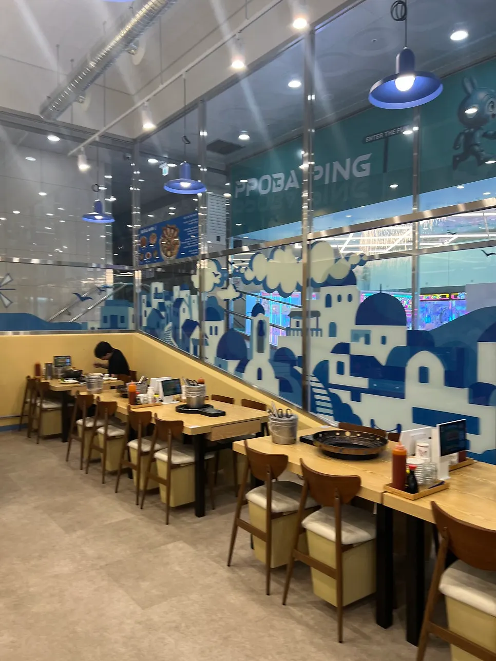 Seating with generously spaced tables