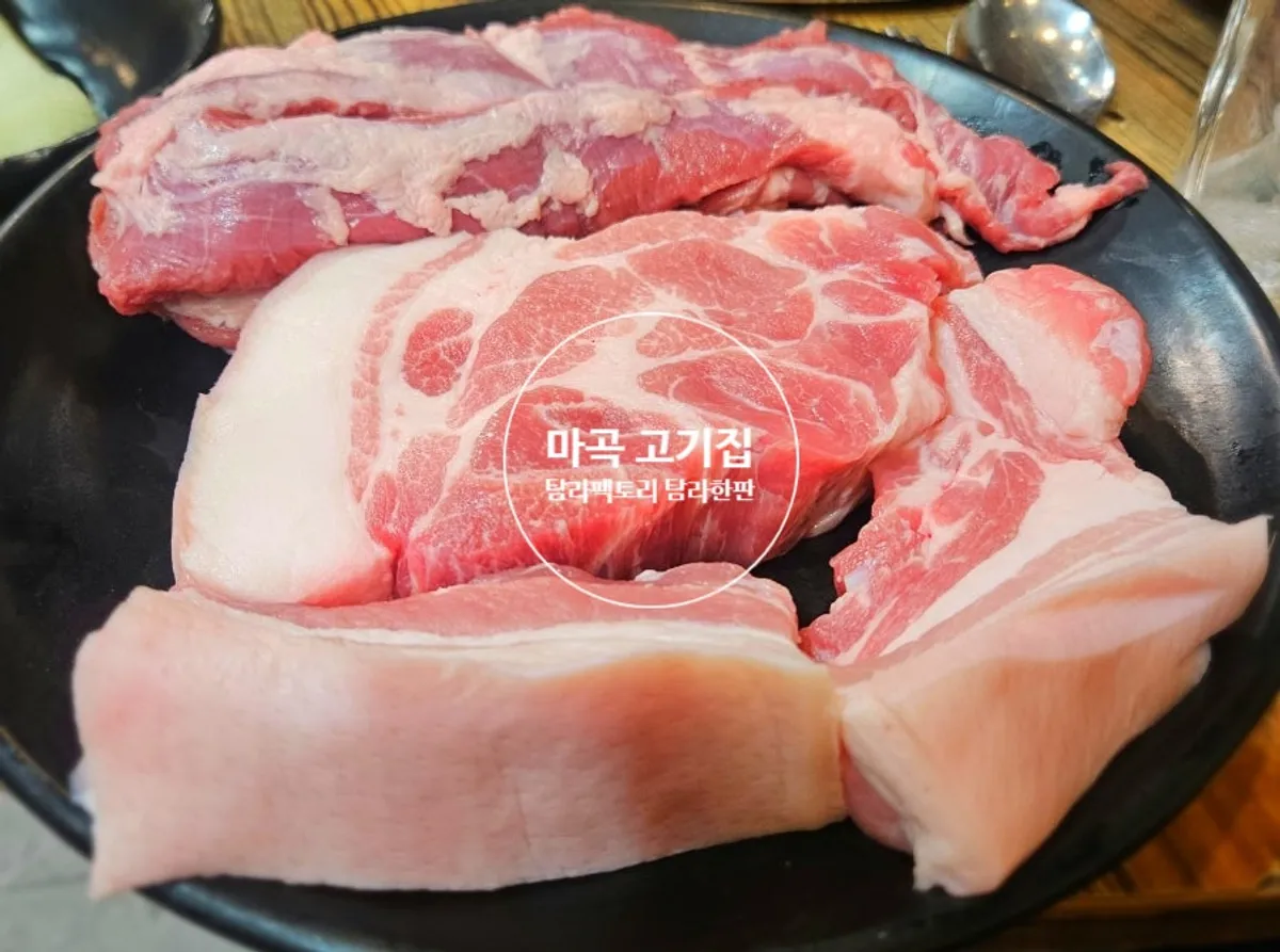 Tamra Hanpan platter of raw whole skirt meat, pork neck, and pork belly