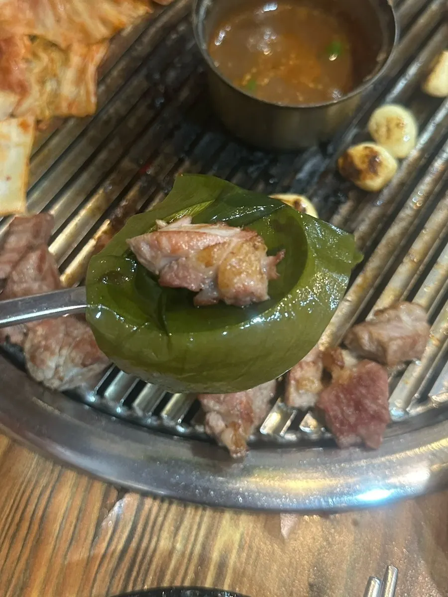 Cross-section of golden-browned Jeju pork neck