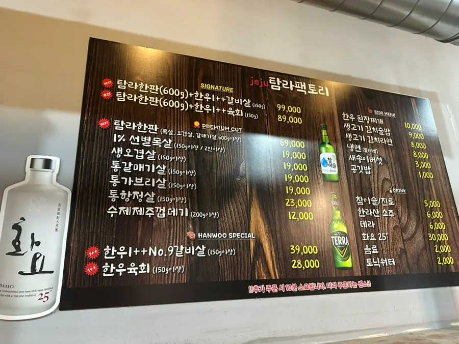 Menu board listing Jeju pork cuts