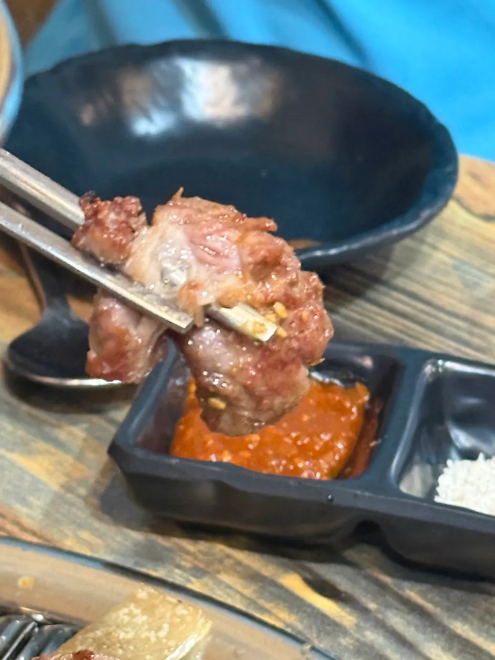 Close-up of chewy grilled pork skin