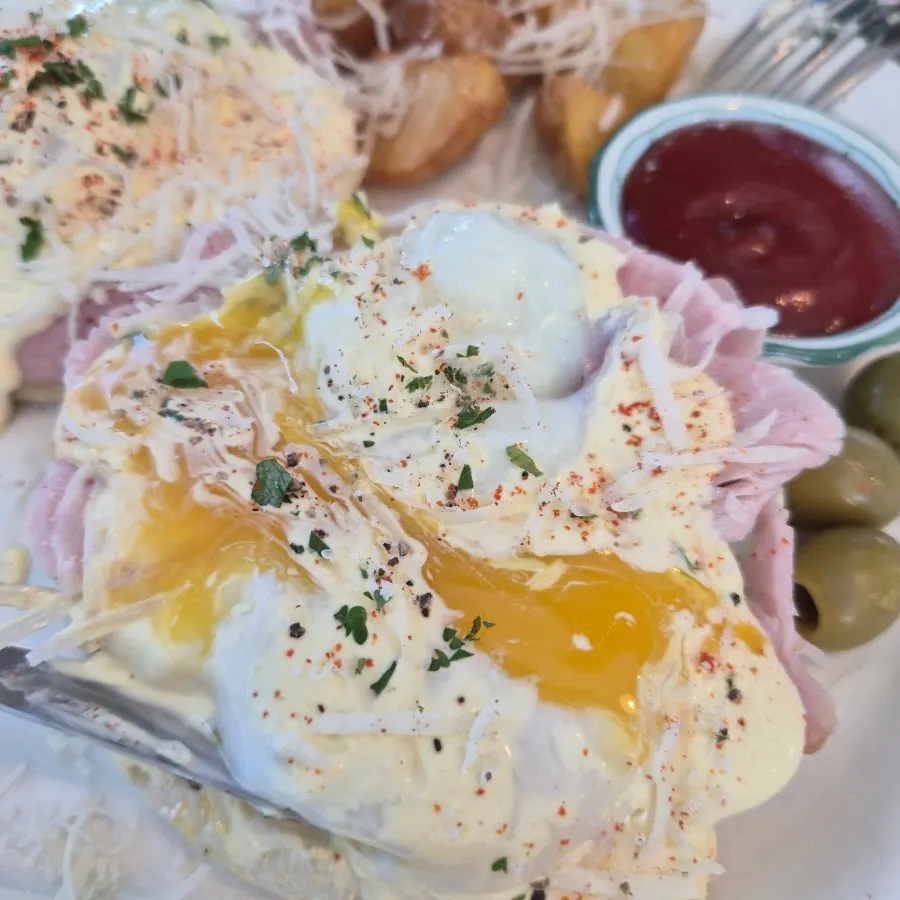 Cross-section of the poached egg on the egg Benedict