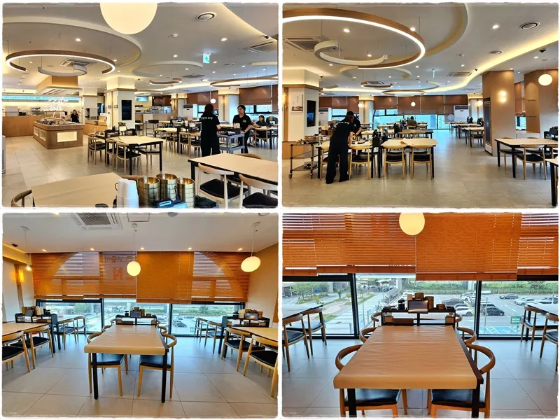 Interior with yellow lighting and widely spaced tables