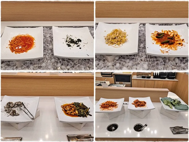 Self-serve side dish corner with spicy radish salad and greens