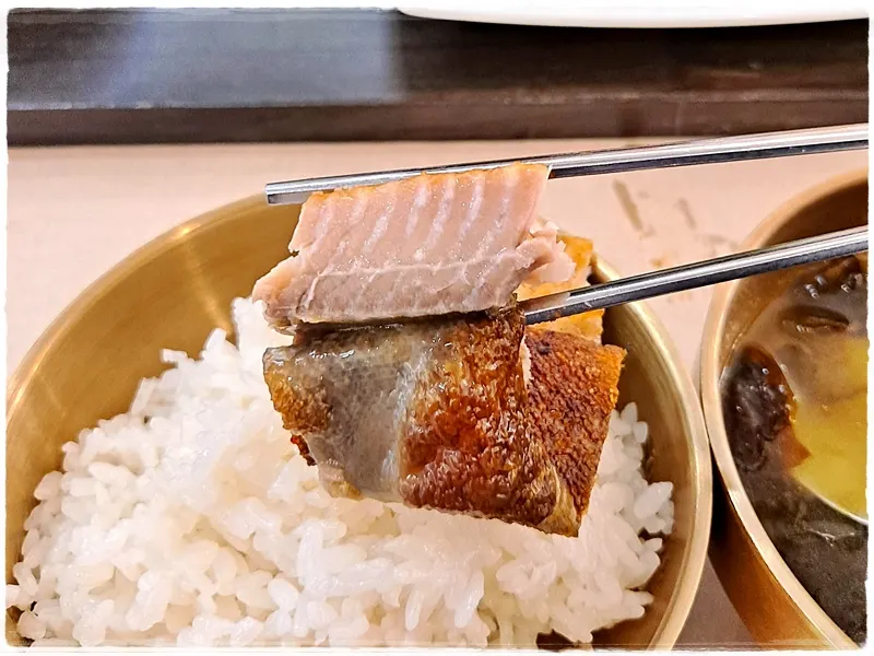 Atka mackerel meat grilled crispy down to the skin