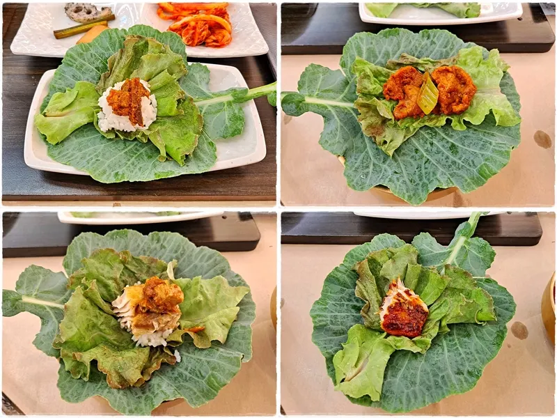 Fish wrapped in kale and lettuce as ssambap