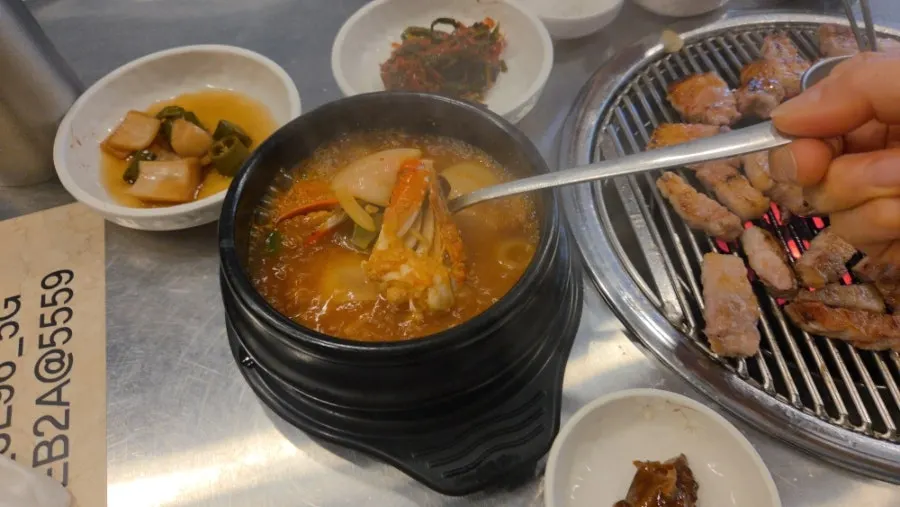 Close-up of boiling crab doenjang stew