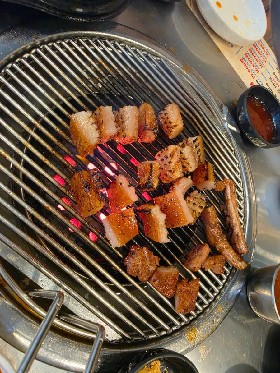 Thickly grilled marinated pork skin
