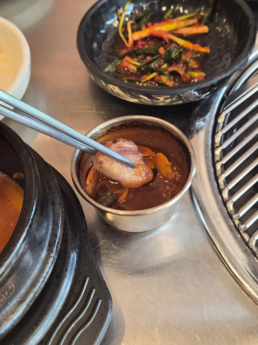 Meat paired with myeolchi-jeot and shiitake wasabi sauce
