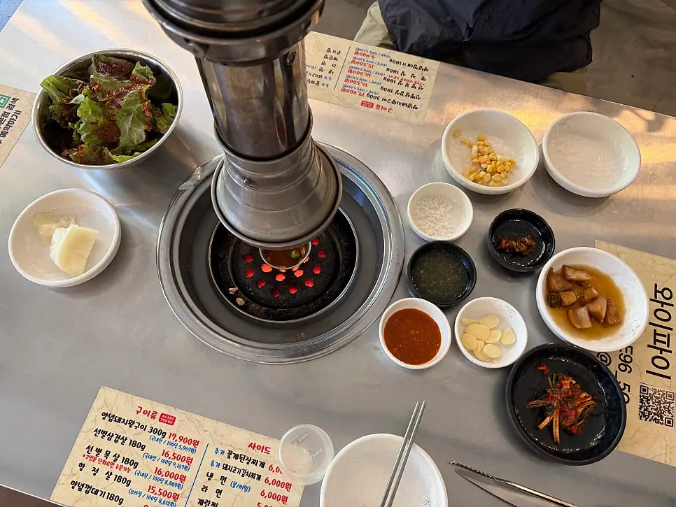 Table set with ordered meat and side dishes