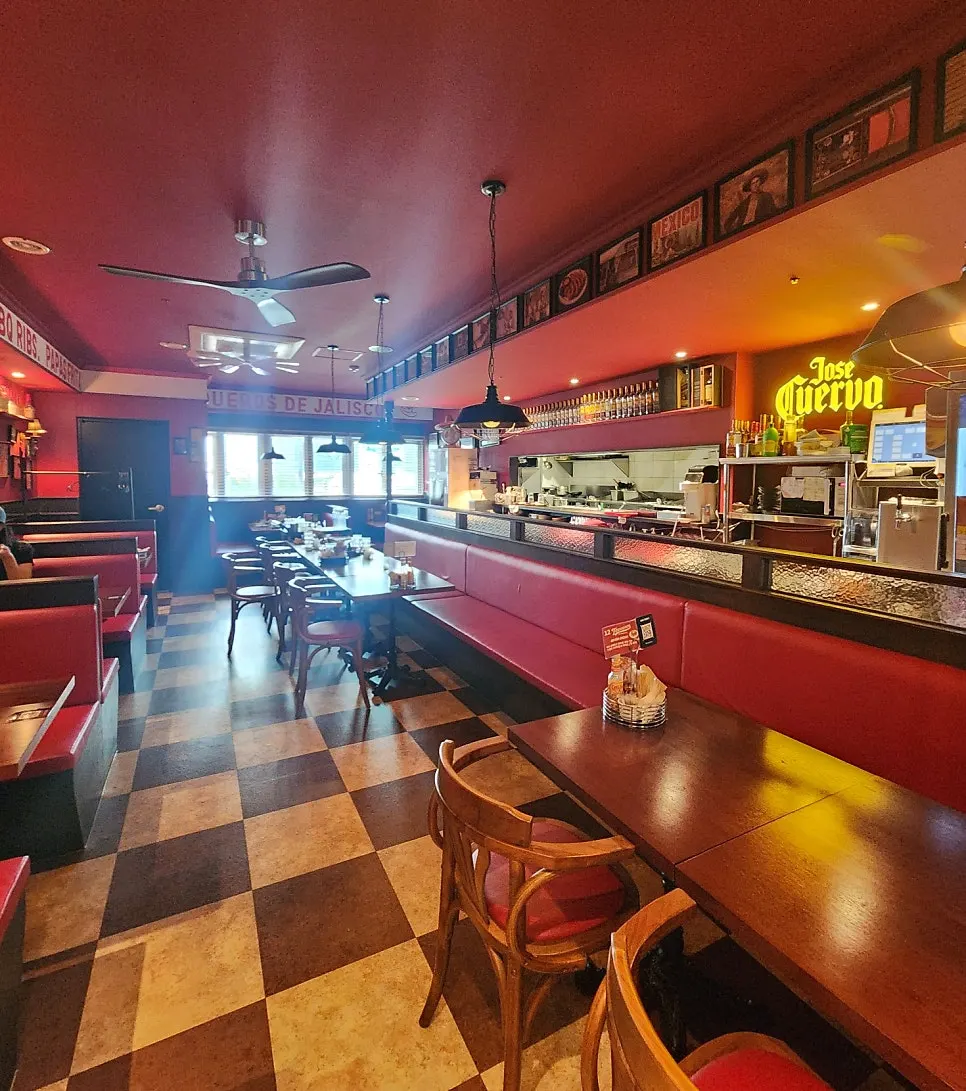 Interior with red walls and checkered floor