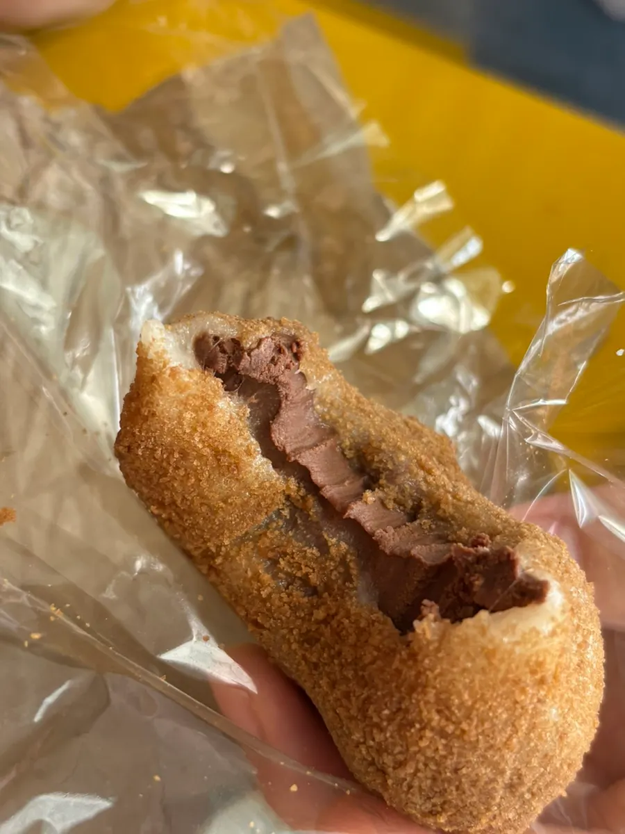Cross-section of the chocolate mochi with thick fudgy filling