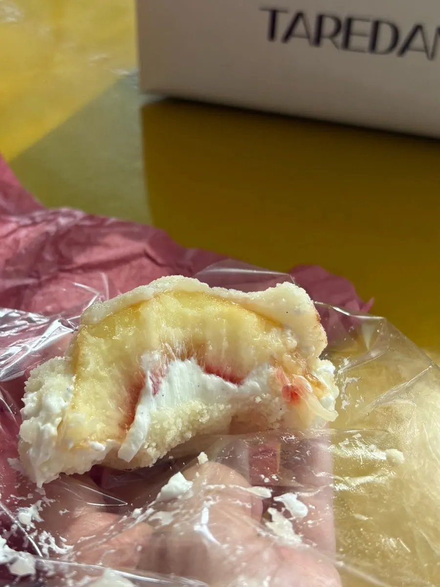 Peach yogurt mochi wrapped in a thin layer of mochi skin