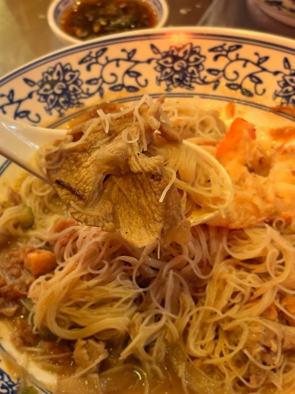 Shrimp broth fried noodles topped with big shrimp