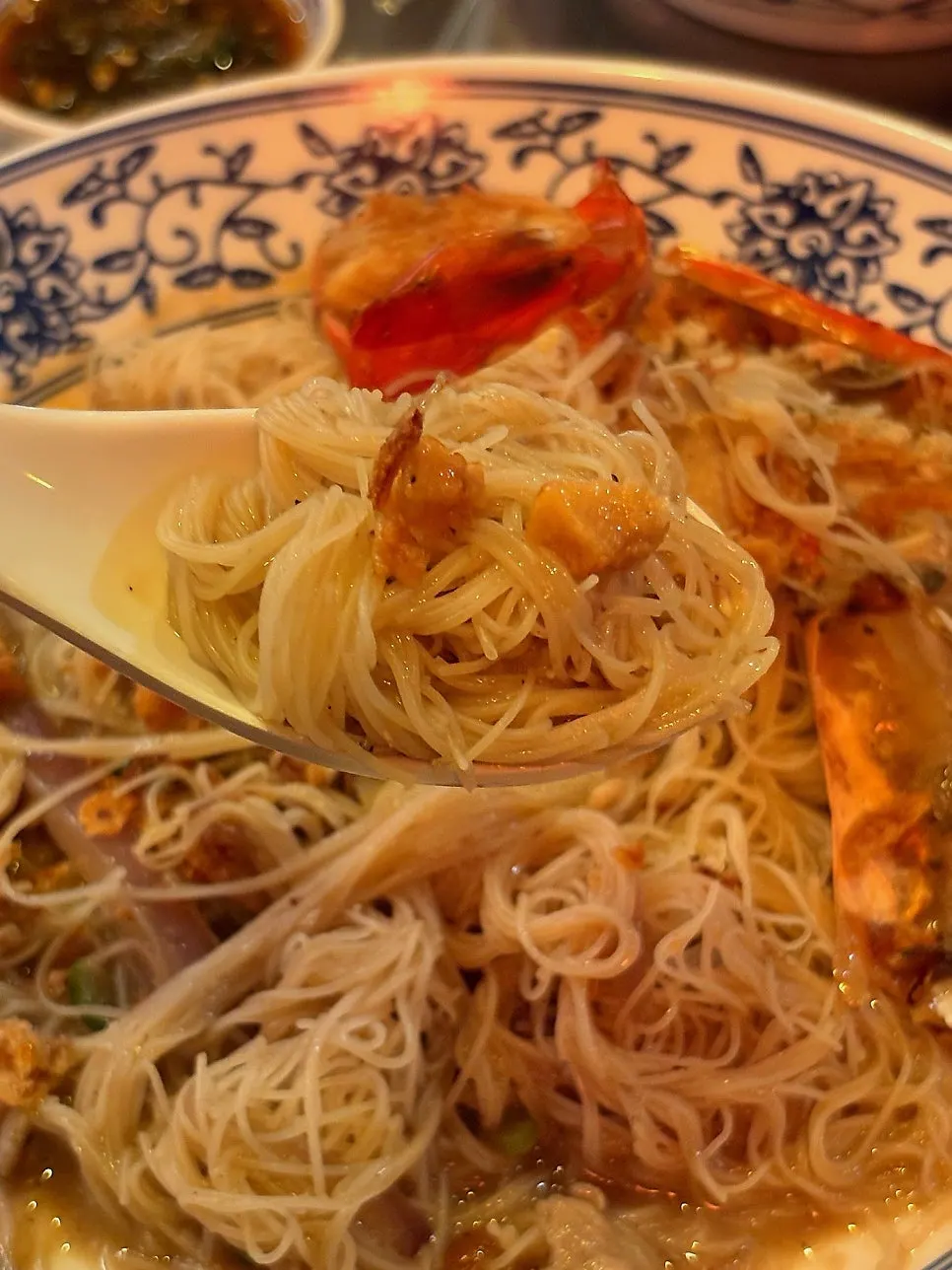 Thin noodles lifted from the shrimp broth fried noodles