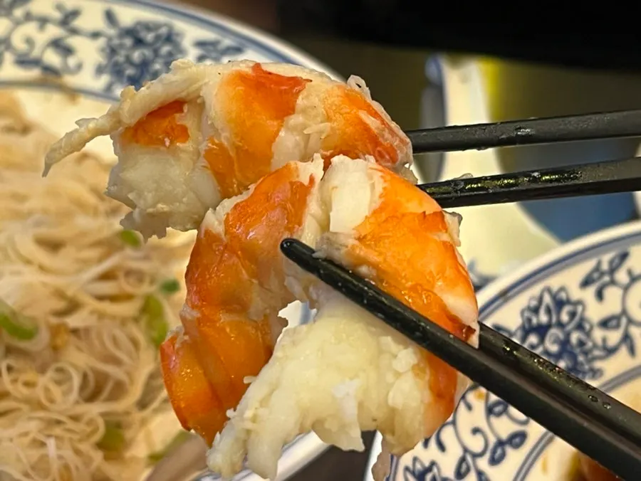 Close-up of peeled shrimp meat from the gukbap