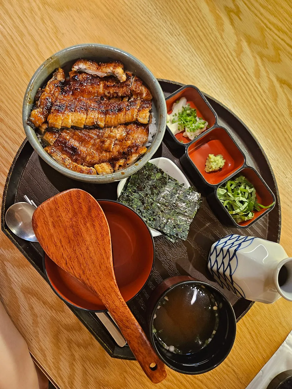 Eel rice bowl table setting at Tawa, a Japanese restaurant near City Hall Station
