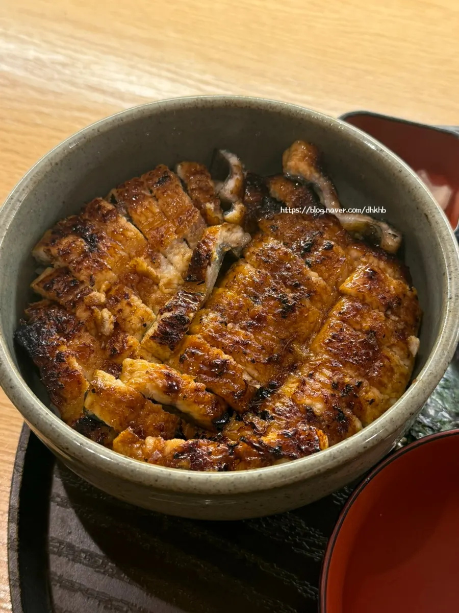 Eel rice bowl topped with thinly sliced eel