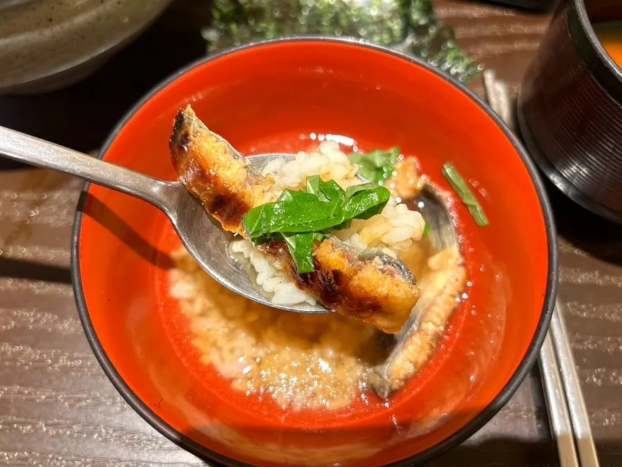Bowl of ochazuke topped with perilla leaf