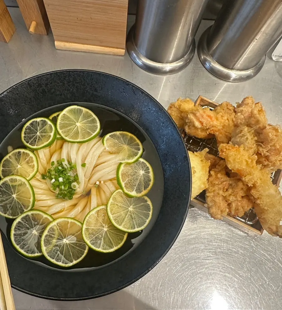 Solo meal spread of cold kake udon and fried sides at Tebo