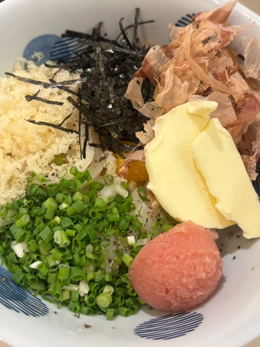 Kamabata udon topped with mentaiko, butter, and egg