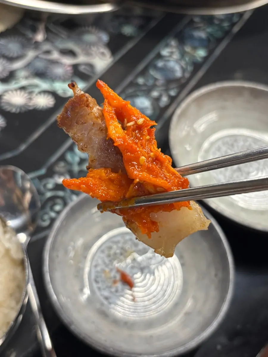 Golden-grilled pork belly, deodeok, and minari