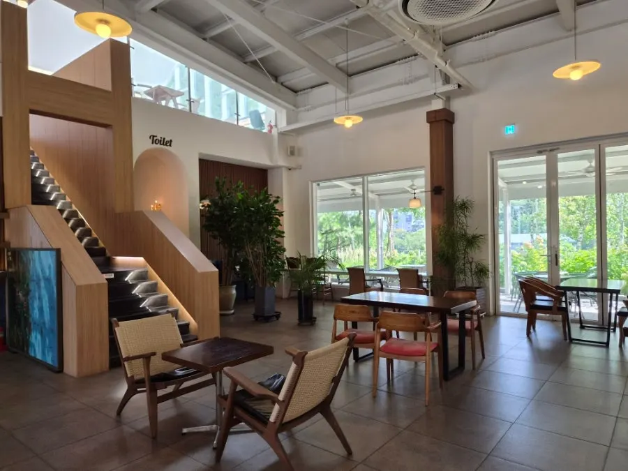 Wide, clean café interior view