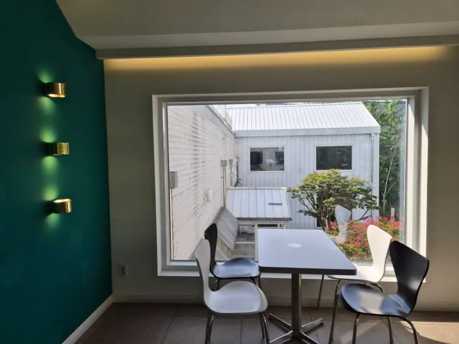 Open seating area at the large café
