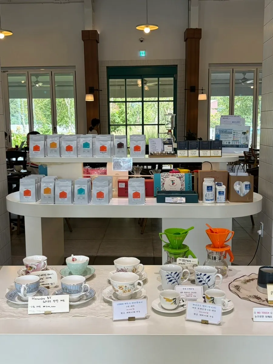 Display area of coffee cups and beans for sale