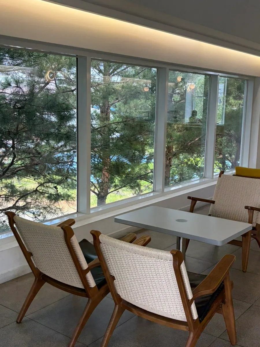 Sunlit view of the 2nd-floor window seating