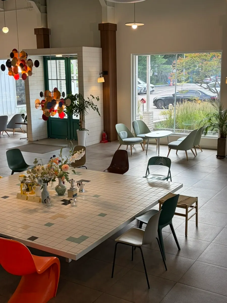 Interior seating and window view of the café