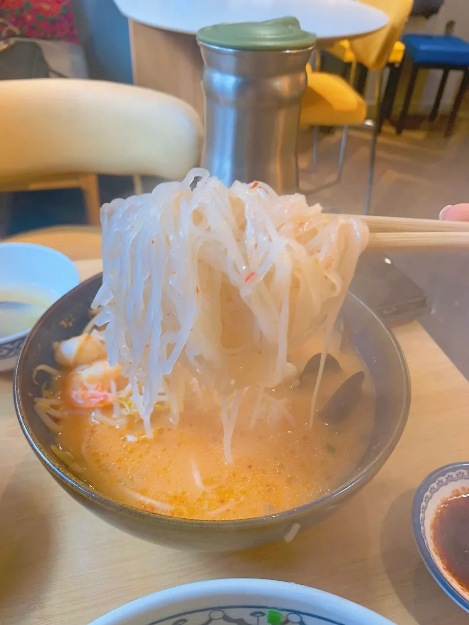 Sour and spicy tom yum seafood pho