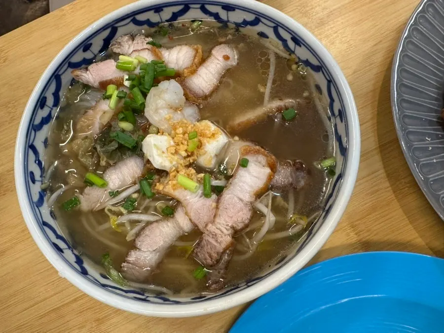 Thai pho with bean sprouts, pork, and shrimp