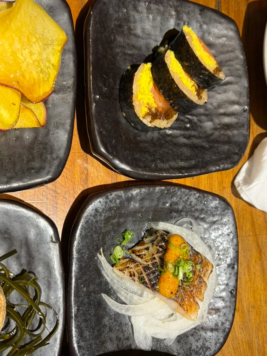 Grilled vinegar mackerel and sashimi gimbap with salmon