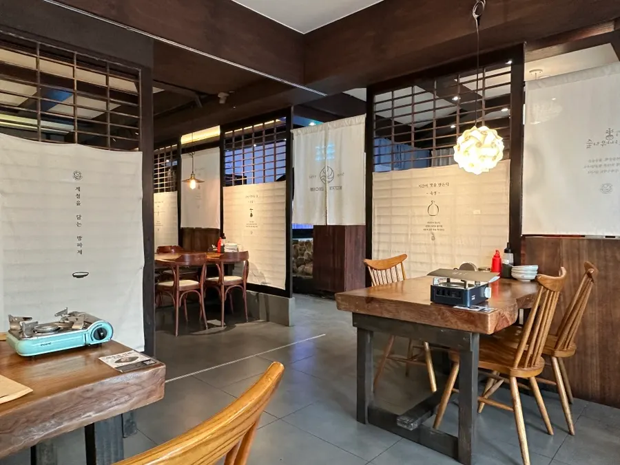 Spacious wood-toned restaurant interior