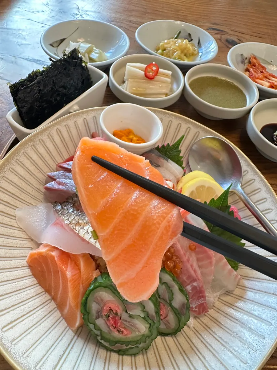 A thick piece of salmon sashimi