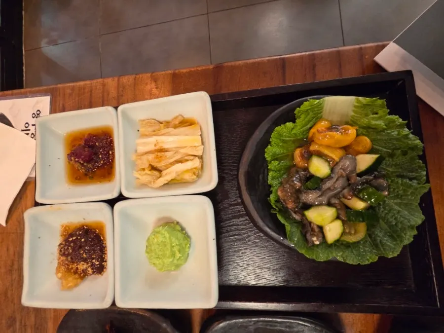 Base spread with sea squirt, sea cucumber, and cucumber salad