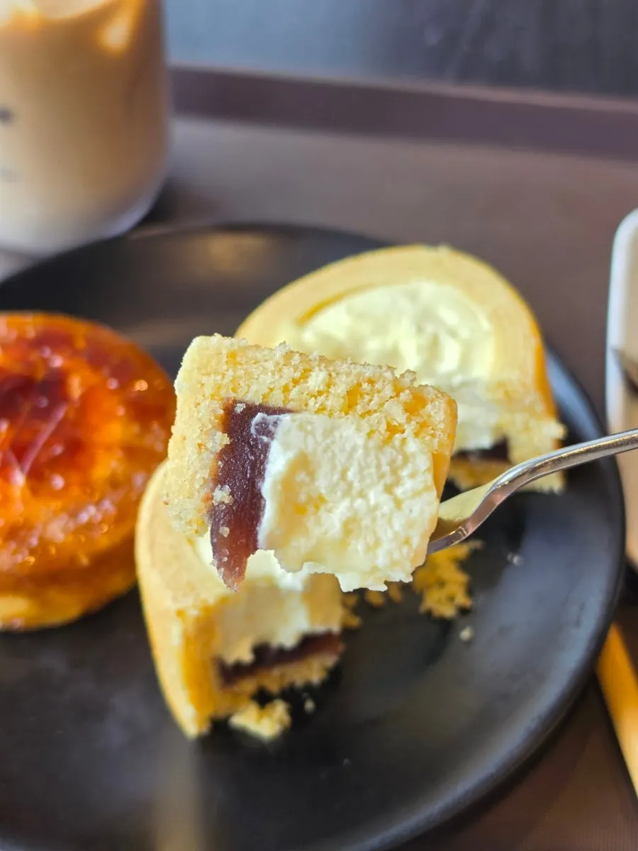 A bite-sized cross-section of the red bean jelly cream baum