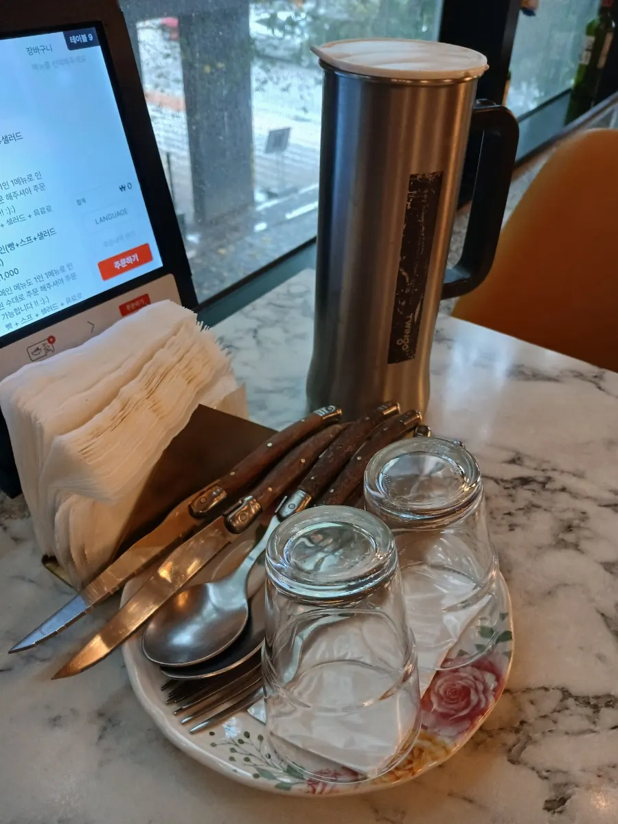 Table setting with fork, knife, and cup