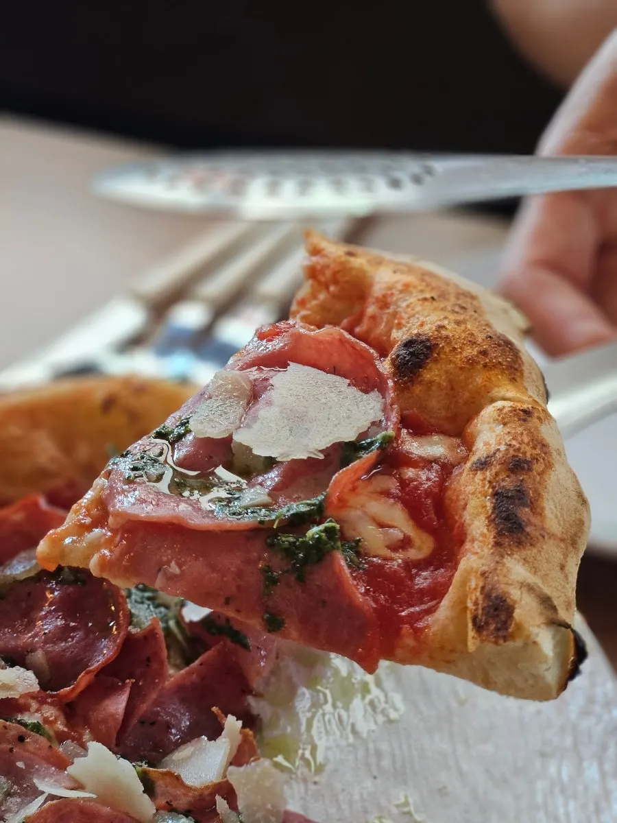 Cross-section of a lifted slice of Genoa salami pizza