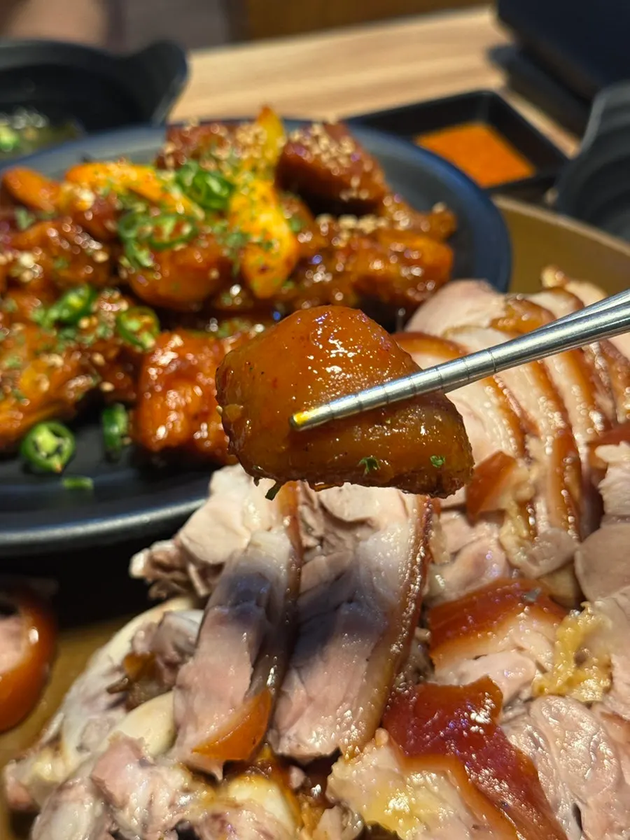 Close-up of a piece of spicy jokbal