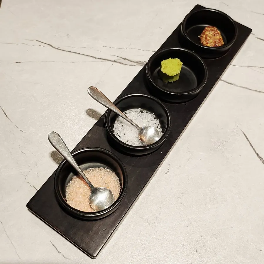 Four sauces for hanwoo including pink salt and Maldon salt
