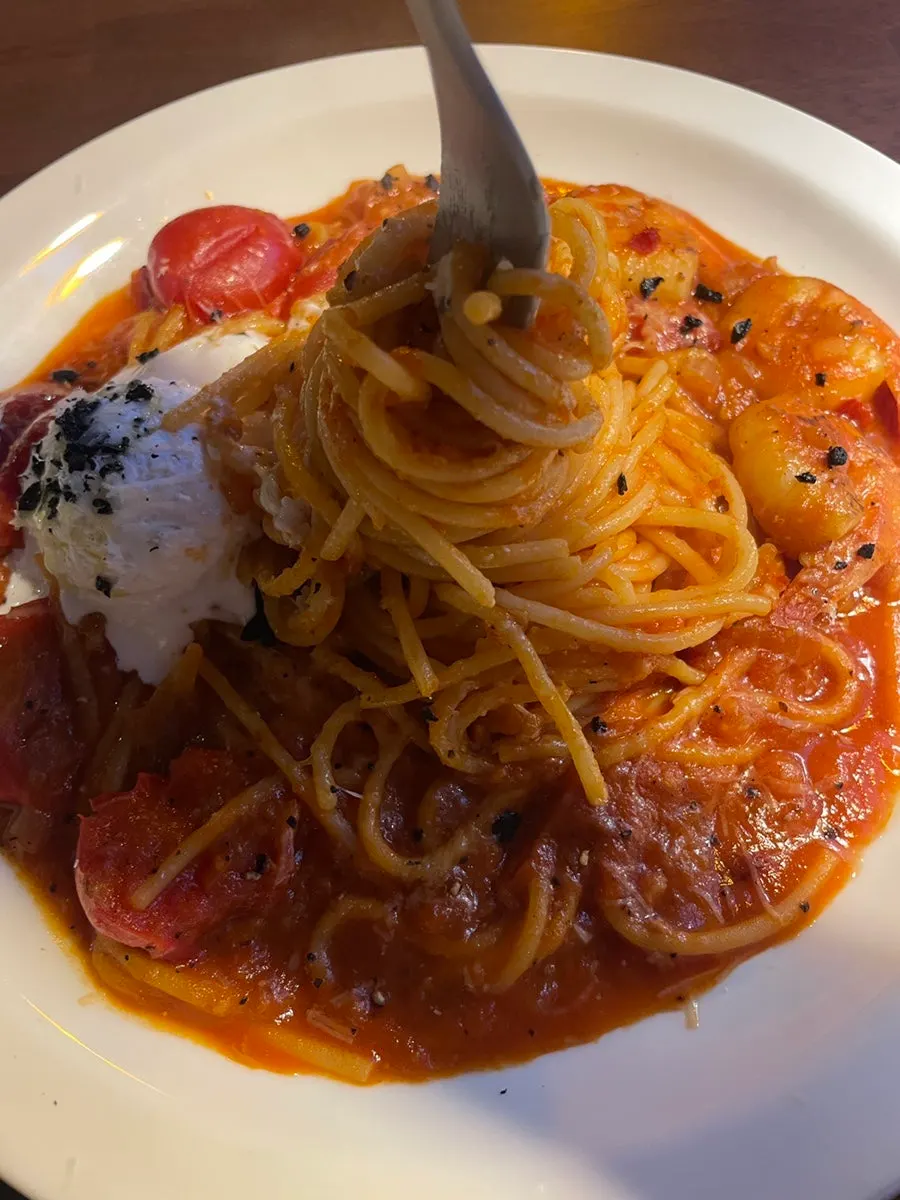Close-up of pasta noodles soaked in tomato sauce