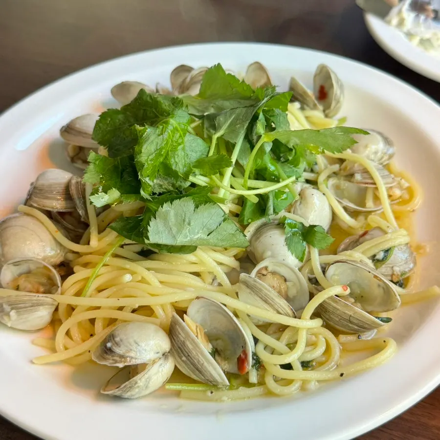 Close-up of the chamnamul vongole pasta noodles and clams
