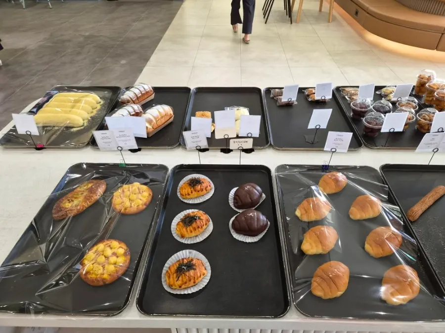 Bakery counter with salt bread and croissants
